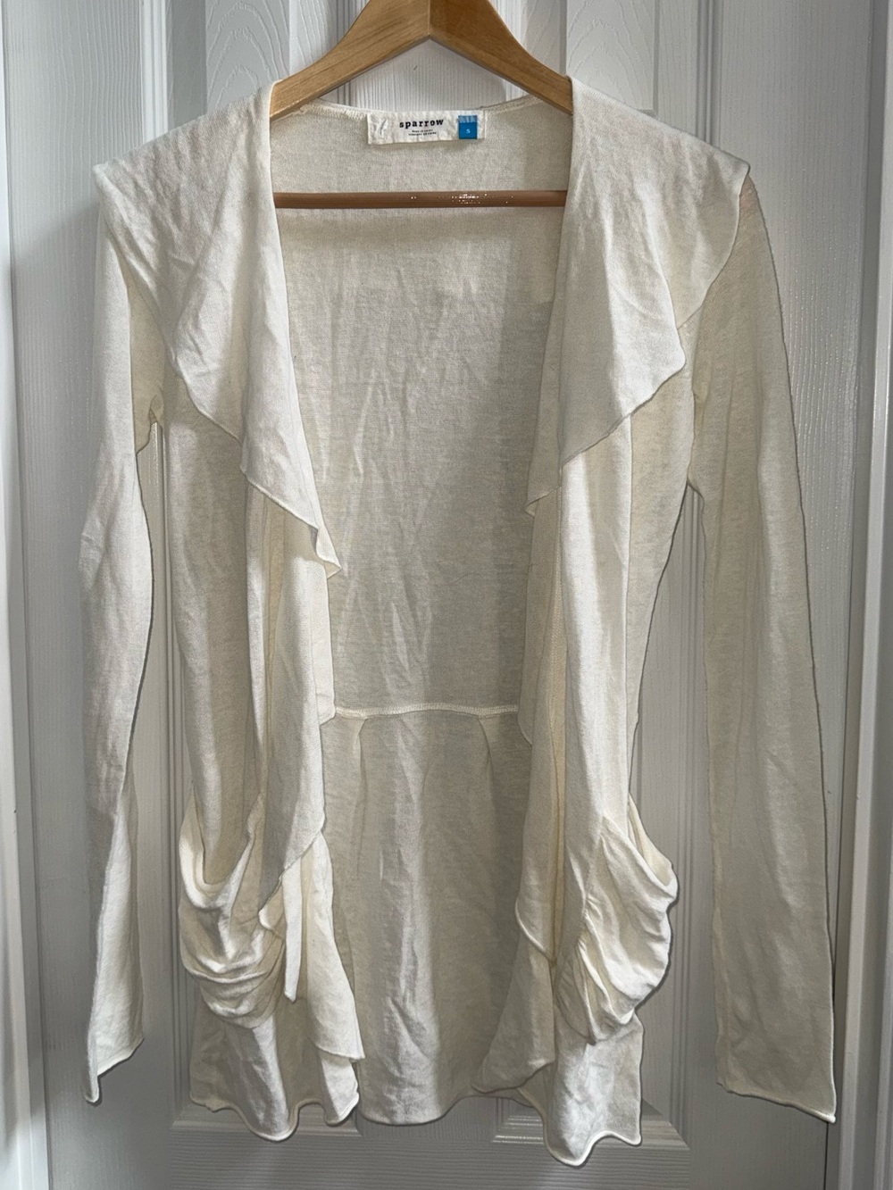 sparrow Anthropologie Ruffle Open cardigan Small Pockets Ivory Lightweight Comfy